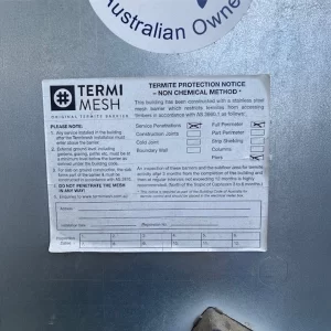Termimesh Meter Box Sticker (Termite Protection Notice - Non Chemical Method). A notice that is required as part of the Building code of Australia for termite control and should be placed in the electrical meter box.