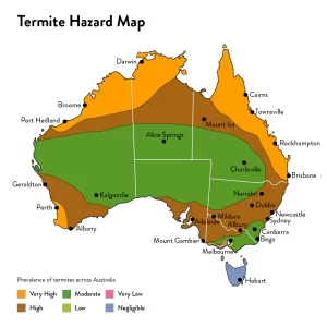 Termite hazard map showing how prevalent termites are across Australia, from negligible through to very high prevalence.