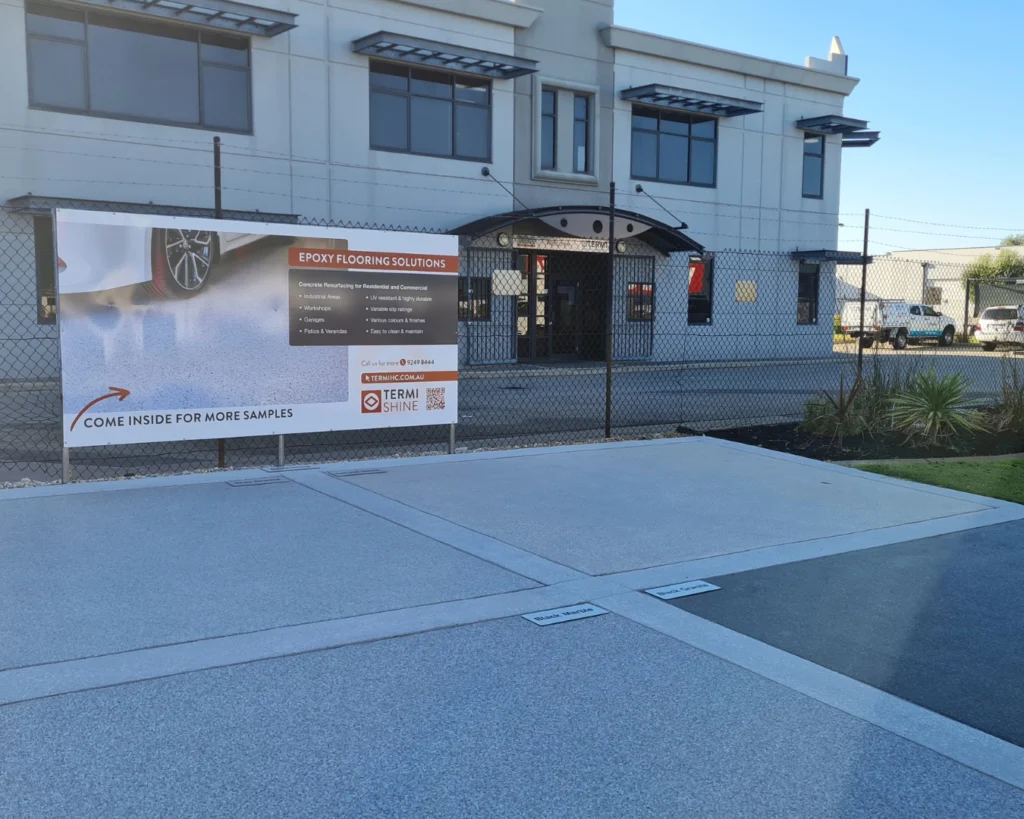 Epoxy flooring verge display featuring five Termishine epoxy flooring finishes. (Top left: Grey Granite, Top Right: Natural Stone, Centre: Shale Stone, Bottom Left: Black Marble, Bottom Right: Black Granite)